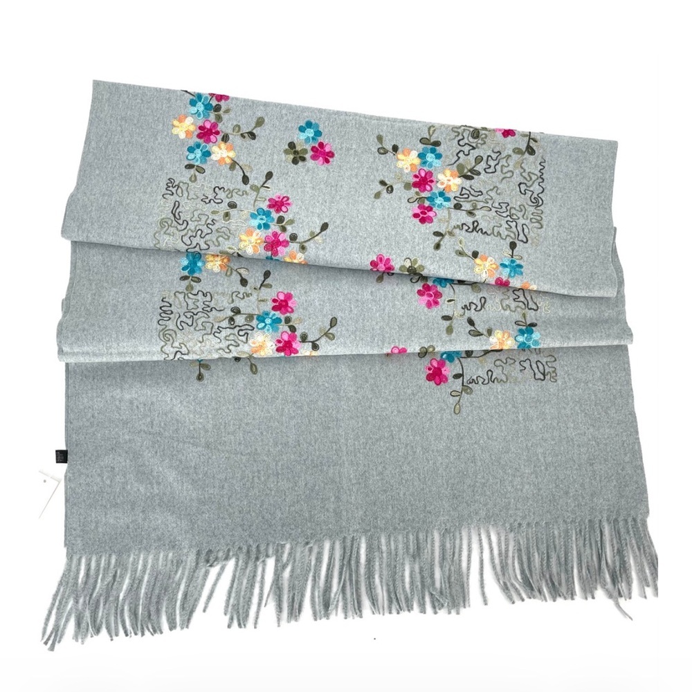 Luxury Gray Wool Viscose Scarf Embroidered Floral Fringe Pashmina Shawl